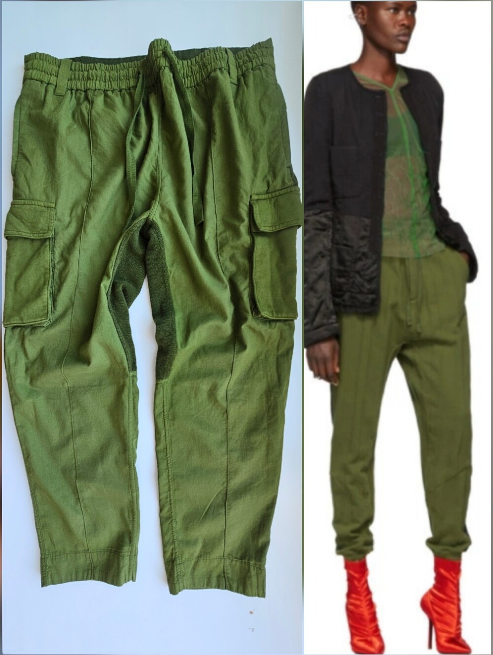 Haider Ackerman Army Green Mixed Material Cargo Drawstring Lounge Pants